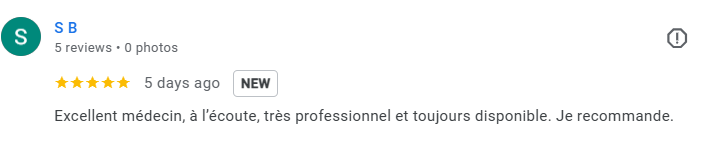 Screenshot of a Google review for a doctor, with five stars and a positive comment in French. Médecin généraliste Français à Dubaï / GP / French GP / French Doctor / French family medicine