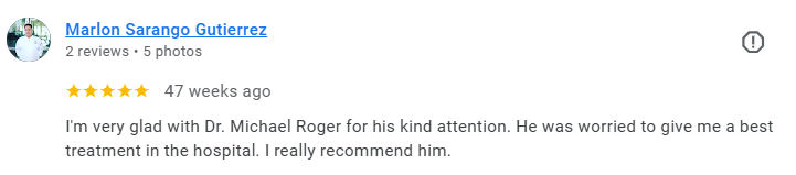 Screenshot of a positive Google review by Marlon Sarango Gutierrez praising Dr. Michael Roger. Médecin généraliste Français à Dubaï / GP / French GP / French Doctor / French family medicine