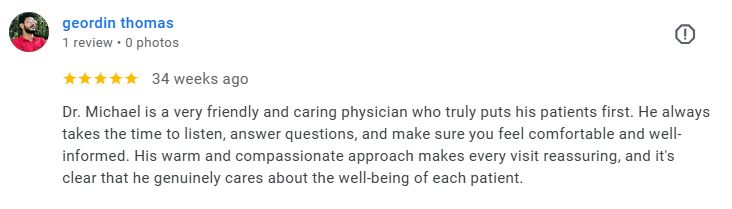 A review on a medical professional, Dr. Michael, praising his caring and patient-first approach. Médecin généraliste Français à Dubaï / GP / French GP / French Doctor / French family medicine
