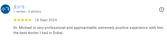 A screenshot of a Google review for Dr. Michael, praising his professionalism and helpfulness, with a five-star rating. Médecin généraliste Français à Dubaï / GP / French GP / French Doctor / French family medicine
