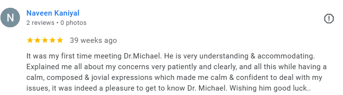 Screenshot of a 5-star review for Dr. Michael by Naveen Kaniyal, posted 39 weeks ago, describing his positive experience and appreciation. Médecin généraliste Français à Dubaï / GP / French GP / French Doctor / French family medicine