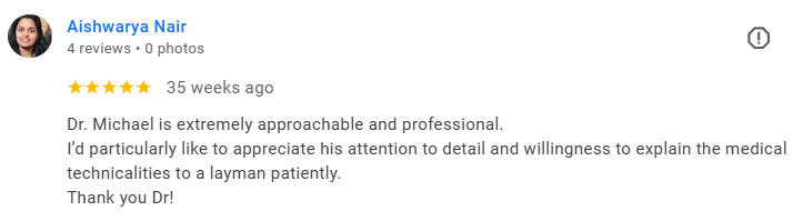 Screenshot of a 5-star review for Dr. Michael by Aishwarya Nair, praising his approachability, professionalism, and attention to detail. Médecin généraliste Français à Dubaï / GP / French GP / French Doctor / French family medicine