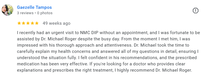 Screenshot of a Google review from Gaezelle Tampos praising Dr. Michael Roger at NMC DIP. Médecin généraliste Français à Dubaï / GP / French GP / French Doctor / French family medicine