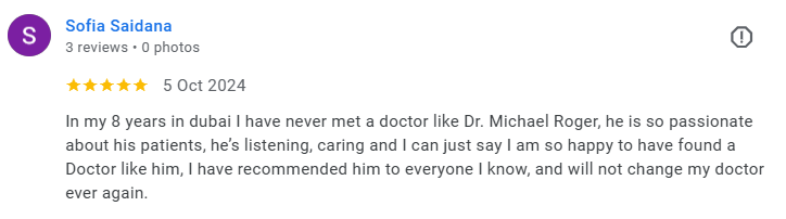 Screenshot of a 5-star review by Sofia Saidan, praising Dr. Michael Roger for his passion, listening skills, and caring nature in Dubai, dated October 5, 2024. Médecin généraliste Français à Dubaï / GP / French GP / French Doctor / French family medi