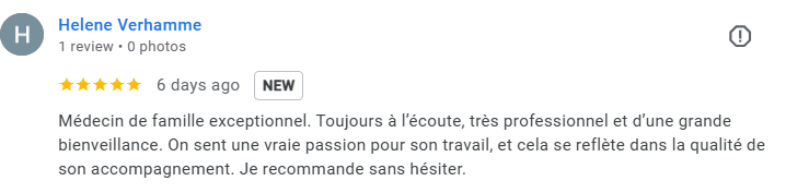 Screenshot of a Google review for Helene Verhamme, a family doctor, with five stars and a description praising her professionalism and compassion. Médecin généraliste Français à Dubaï / GP / French GP / French Doctor / French family medicine