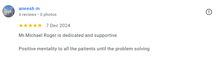 Screenshot of a Google review by Aneesh M, praising Mr. Michael Roger for being dedicated and supportive, with five stars and a review date of December 7, 2024. Médecin généraliste Français à Dubaï / GP / French GP / French Doctor / French family med