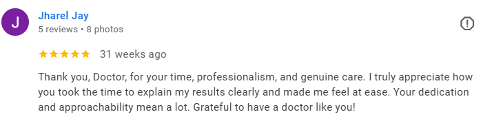 Screenshot of a Google review by Jharel Jay praising a doctor for professionalism and care. Médecin généraliste Français à Dubaï / GP / French GP / French Doctor / French family medicine