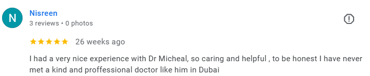 Screenshot of a Google review for Nisreen, praising Dr. Micheal for his caring and helpful service in Dubai. Médecin généraliste Français à Dubaï / GP / French GP / French Doctor / French family medicine