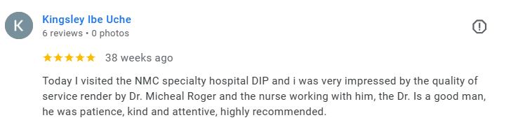 Screenshot of a Google review for NMC specialty hospital DIP praising Dr. Micheal Roger and his nurse for quality care. Médecin généraliste Français à Dubaï / GP / French GP / French Doctor / French family medicine