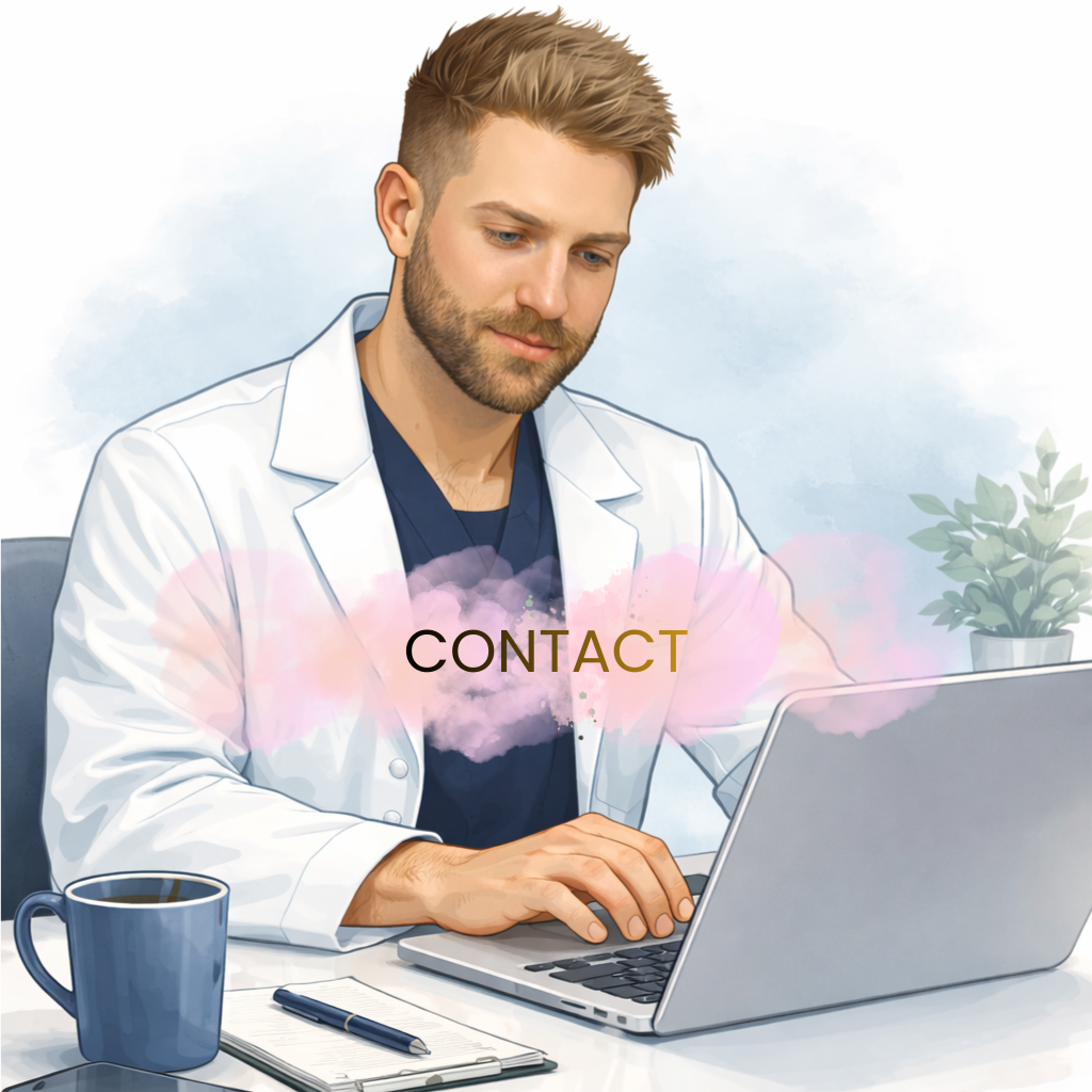 A male doctor with light brown hair and a beard, wearing a white coat, using a laptop. The word "CONTACT" appears on a pink and purple watercolor . Médecin généraliste Français à Dubaï / GP / French GP / French Doctor / French family medicine