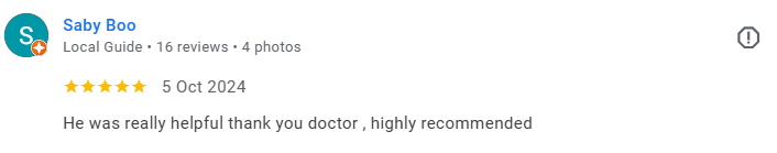 Screenshot of a Google review from Saby Boo, dated October 5, 2024, with five stars and a positive comment about doctor's helpfulness. Médecin généraliste Français à Dubaï / GP / French GP / French Doctor / French family medicine