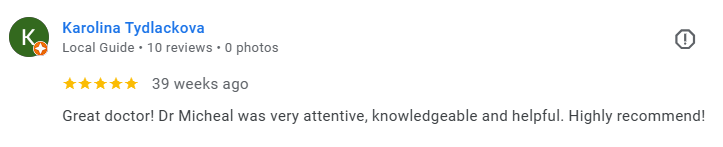 Screenshot of a Google review for Dr. Micheal from Karolina Tyldackova, praising his attentiveness and helpfulness.Médecin généraliste Français à Dubaï / GP / French GP / French Doctor / French family medicine