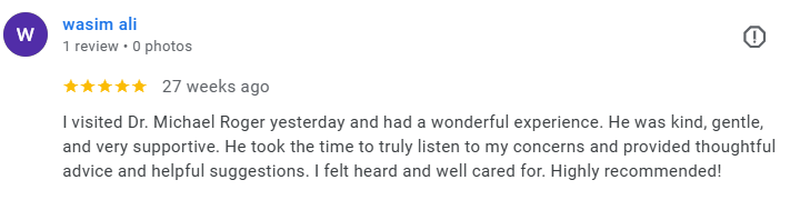Screenshot of a Google review by Wasim Ali praising Dr. Michael Roger. Médecin généraliste Français à Dubaï / GP / French GP / French Doctor / French family medicine