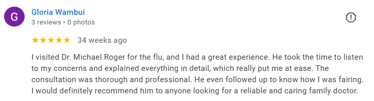 Screenshot of a Google review by Gloria Wambui praising Dr. Michael Roger for his thorough and caring service. Médecin généraliste Français à Dubaï / GP / French GP / French Doctor / French family medicine