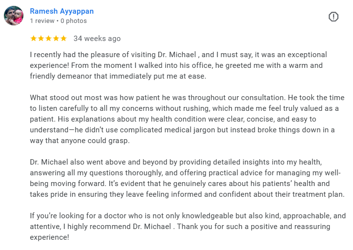 Customer review for Dr. Michael, praising his attentive care and detailed health explanations. Médecin généraliste Français à Dubaï / GP / French GP / French Doctor / French family medicine