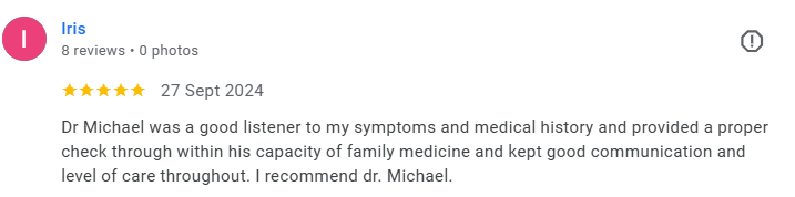Screenshot of a positive review for Dr. Michael, praising his listening skills, medical knowledge, communication, and care. Médecin généraliste Français à Dubaï / GP / French GP / French Doctor / French family medicine
