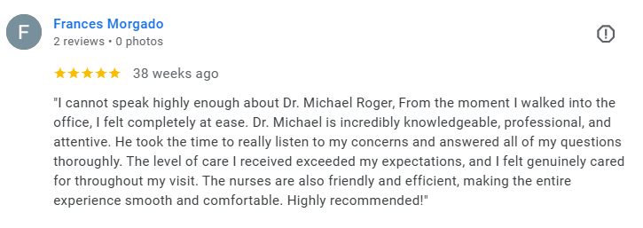Screenshot of a Google review for Dr. Michael Roger, praising his knowledge, professionalism, and caring attitude. Médecin généraliste Français à Dubaï / GP / French GP / French Doctor / French family medicine