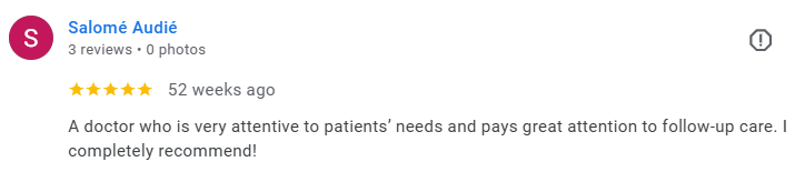 Review snippet for Salomé Audié including star rating, review time, and a positive comment about attentive medical care. Médecin généraliste Français à Dubaï / GP / French GP / French Doctor / French family medicine