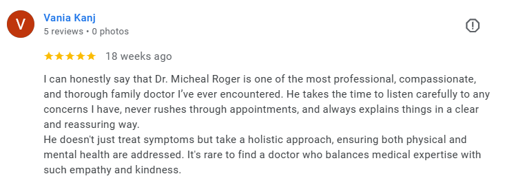 Review by Vania Kanji praising Dr. Michael Roger for his professionalism, compassion, and holistic approach to healthcare. Médecin généraliste Français à Dubaï / GP / French GP / French Doctor / French family medicine
