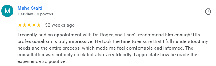Screenshot of a Google review by Maha Staiti about Dr. Roger, praise for professionalism and attentive service. Médecin généraliste Français à Dubaï / GP / French GP / French Doctor / French family medicine