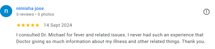 A customer review with five stars and a date of September 14, 2024, praising Dr. Michael for his informative and thorough consultation about fever and related health issues. Médecin généraliste Français à Dubaï / GP / French GP / French Doctor / Fren