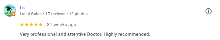 Screenshot of a Google review from a local guide praising a professional, attentive doctor, with 17 reviews and 12 photos. Médecin généraliste Français à Dubaï / GP / French GP / French Doctor / French family medicine