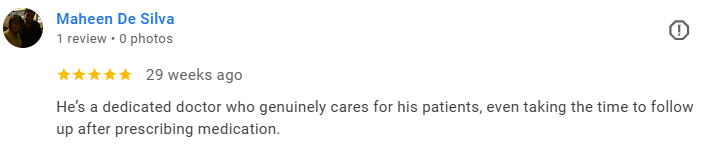 Screenshot of a Google review by Maheen De Silva, 29 weeks ago, praising a doctor for caring for his patients. Médecin généraliste Français à Dubaï / GP / French GP / French Doctor / French family medicine