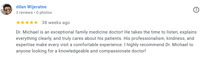 Screenshot of a Google review for Dr. Michael by Dilan Wijeratne, rated five stars, praising his professionalism, kindness, and patient care. Médecin généraliste Français à Dubaï / GP / French GP / French Doctor / French family medicine
