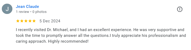 A screenshot of a review from Jean Claude dated December 5, 2024, praising Dr. Michael for being supportive, professional, and caring. Médecin généraliste Français à Dubaï / GP / French GP / French Doctor / French family medicine