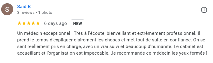 Screenshot of a 5-star review written in French for a doctor, praising his attentiveness, professionalism, and organization. Médecin généraliste Français à Dubaï / GP / French GP / French Doctor / French family medicine