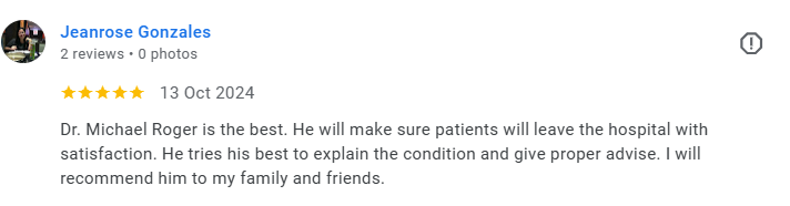 Screenshot of a Google review by Jeanproze Gonzales praising Dr. Michael Roger, mentioning his dedication to patient satisfaction, explaining conditions, and giving proper advice. The review is dated October 13, 2024, and includes five stars. Médecin