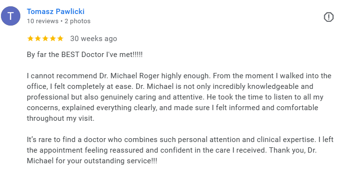 Screenshot of a 5-star patient review for Dr. Michael Roger on a review platform. Médecin généraliste Français à Dubaï / GP / French GP / French Doctor / French family medicine