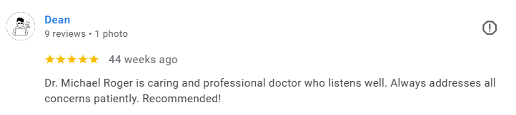 Screenshot of a Google review by Dean for Dr. Michael Roger, describing him as caring and professional, with positive comments about his attentiveness, posted 44 weeks ago. Médecin généraliste Français à Dubaï / GP / French GP / French Doctor / Frenc