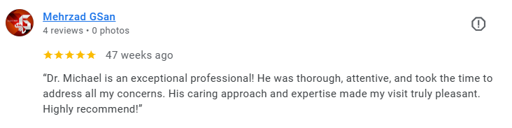 Google review showcasing a 5-star rating for Dr. Michael with a positive testimonial. Médecin généraliste Français à Dubaï / GP / French GP / French Doctor / French family medicine