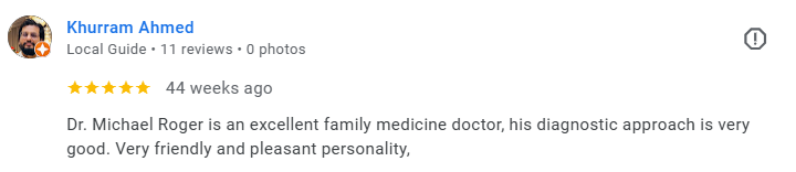 Screenshot of a Google review for Dr. Michael Roger from Khurram Ahmed, praising his family medicine care. Médecin généraliste Français à Dubaï / GP / French GP / French Doctor / French family medicine