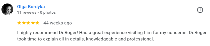 Screenshot of a Google review by Olga Burdyka for Dr. Roger, with a five-star rating and a positive comment about the experience. Médecin généraliste Français à Dubaï / GP / French GP / French Doctor / French family medicine