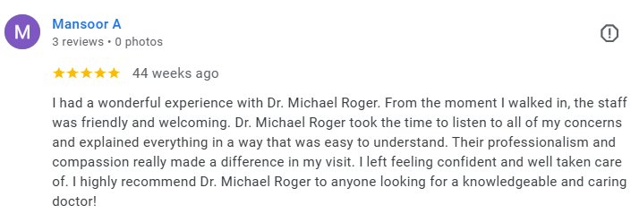 Screenshot of a Google review for Dr. Michael Roger, praising his care and professionalism. Médecin généraliste Français à Dubaï / GP / French GP / French Doctor / French family medicine