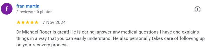 Screenshot of a Google review by Fran Martin praising Dr. Michael Roger for his caring attitude and thorough follow-up. Médecin généraliste Français à Dubaï / GP / French GP / French Doctor / French family medicine