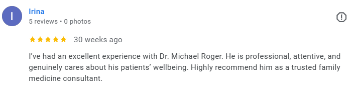 Screenshot of a 5-star review for Dr. Michael Roger from a patient named Irina, praising his professionalism and caring attitude. Médecin généraliste Français à Dubaï / GP / French GP / French Doctor / French family medicine