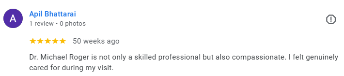 Screenshot of a Google review for a doctor, praising Dr. Michael Roger for being skilled and compassionate. Médecin généraliste Français à Dubaï / GP / French GP / French Doctor / French family medicine