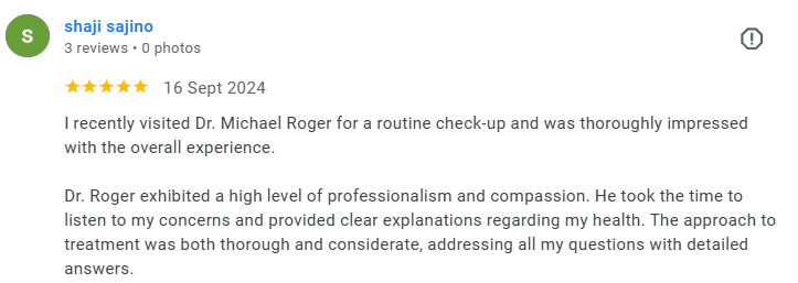 Review of Dr. Michael Roger on a healthcare review site, dated September 16, 2024, praising professionalism and thoroughness. Médecin généraliste Français à Dubaï / GP / French GP / French Doctor / French family medicine
