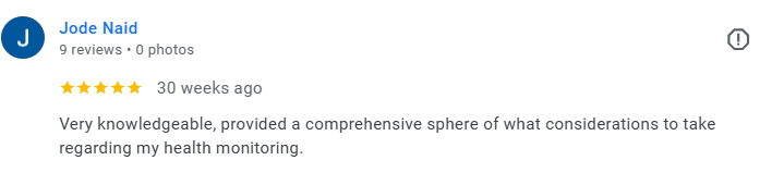 Screenshot of a Google review by Jode Naid, praising their health monitoring services. Médecin généraliste Français à Dubaï / GP / French GP / French Doctor / French family medicine