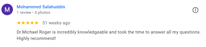 Screenshot of a Google review by Mohammed Salahuddin praising Dr. Michael Roger. Médecin généraliste Français à Dubaï / GP / French GP / French Doctor / French family medicine