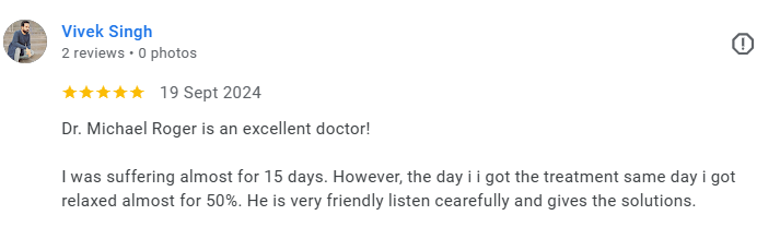 Screenshot of a Google review for Dr. Michael Roger by Vivek Singh, dated September 19, 2024, praising the doctor as excellent and describing positive treatment experience. Médecin généraliste Français à Dubaï / GP / French GP / French Doctor / Frenc