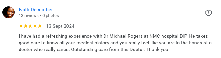 Screenshot of a online review posted by Faith December about her positive experience with Dr. Michael Rogers at NMC hospital DIP. Médecin généraliste Français à Dubaï / GP / French GP / French Doctor / French family medicine