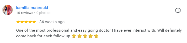 A screenshot of a 5-star review on a social media or review platform for a doctor, praising their professionalism and ease of interaction. Médecin généraliste Français à Dubaï / GP / French GP / French Doctor / French family medicine