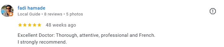 Screenshot of a Google review for a doctor, written by Fadi Hamade. The review is five stars and praises the doctor as thorough, attentive, professional, and French, with a recommendation. Médecin généraliste Français à Dubaï / GP / French GP / Frenc