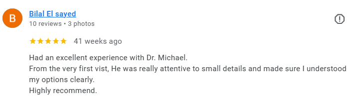 Screenshot of an online review from Bilal El saved, praising Dr. Michael for attentive care and clear communication. Médecin généraliste Français à Dubaï / GP / French GP / French Doctor / French family medicine