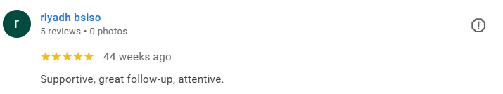 Screenshot of a Google review from Riyadh Bsiso with 5 stars, posted 44 weeks ago, describing the service as supportive, great follow-up, and attentive. Médecin généraliste Français à Dubaï / GP / French GP / French Doctor / French family medicine