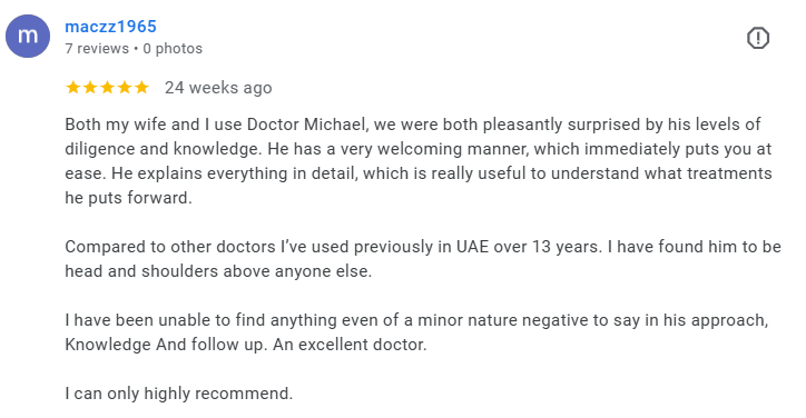 Google review with five stars praising Dr. Michael's expertise, knowledge, and welcoming manner. Médecin généraliste Français à Dubaï / GP / French GP / French Doctor / French family medicine